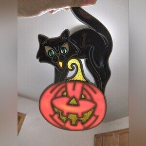 Vintage cat jack o lantern pumpkin sun catcher metal
